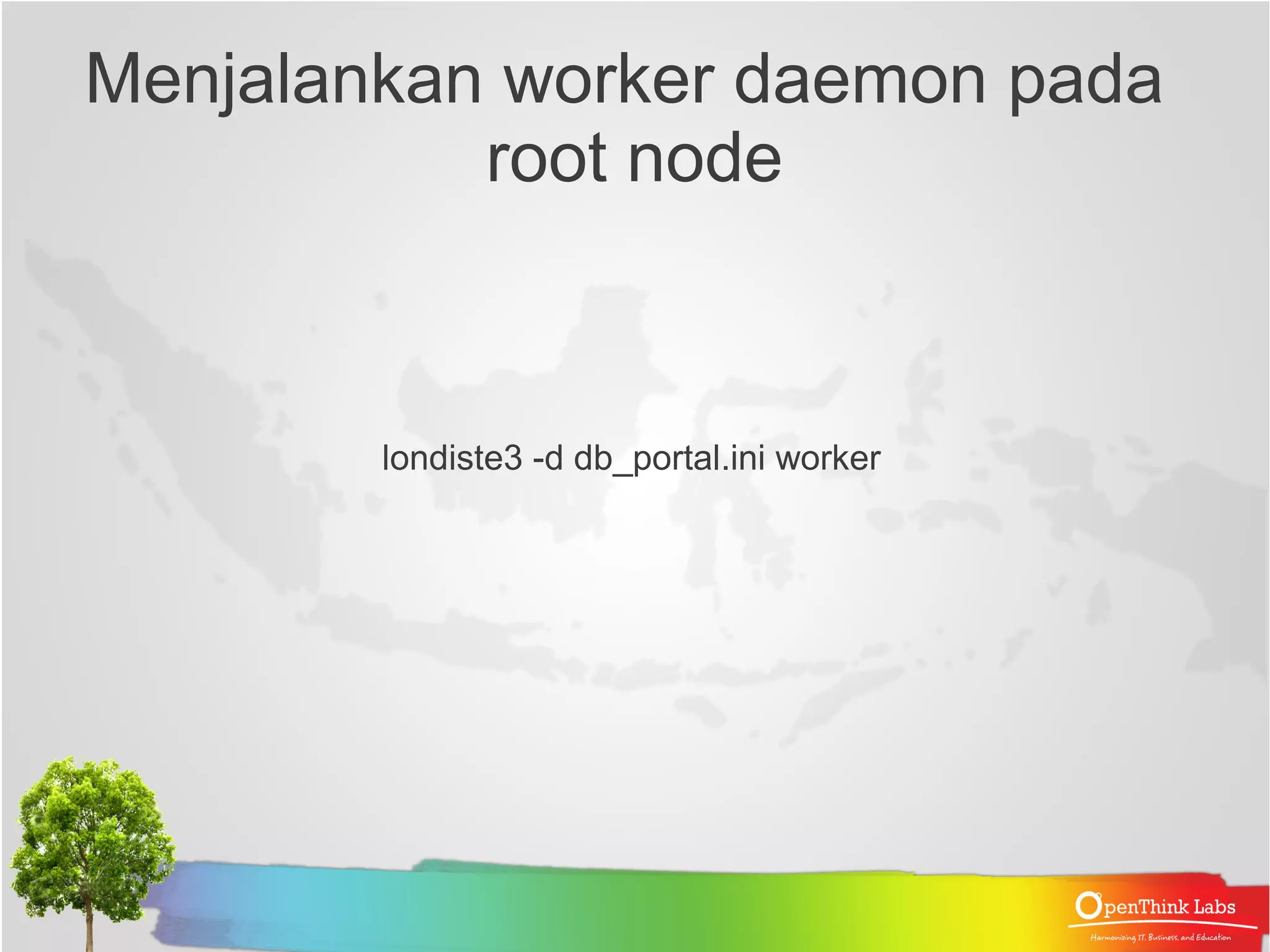 Mempersiapkan Database Target Replikasi (Subscriber) ● Buat database baru, misalkan namanya, masterdata, owner bisa disamakan dengan database sumber (provider) CREATE DATABASE masterdata WITH OWNER = mdm ENCODING = 'UTF8' TABLESPACE = pg_default LC_COLLATE = 'en_US.UTF-8' LC_CTYPE = 'en_US.UTF-8' CONNECTION LIMIT = -1; 