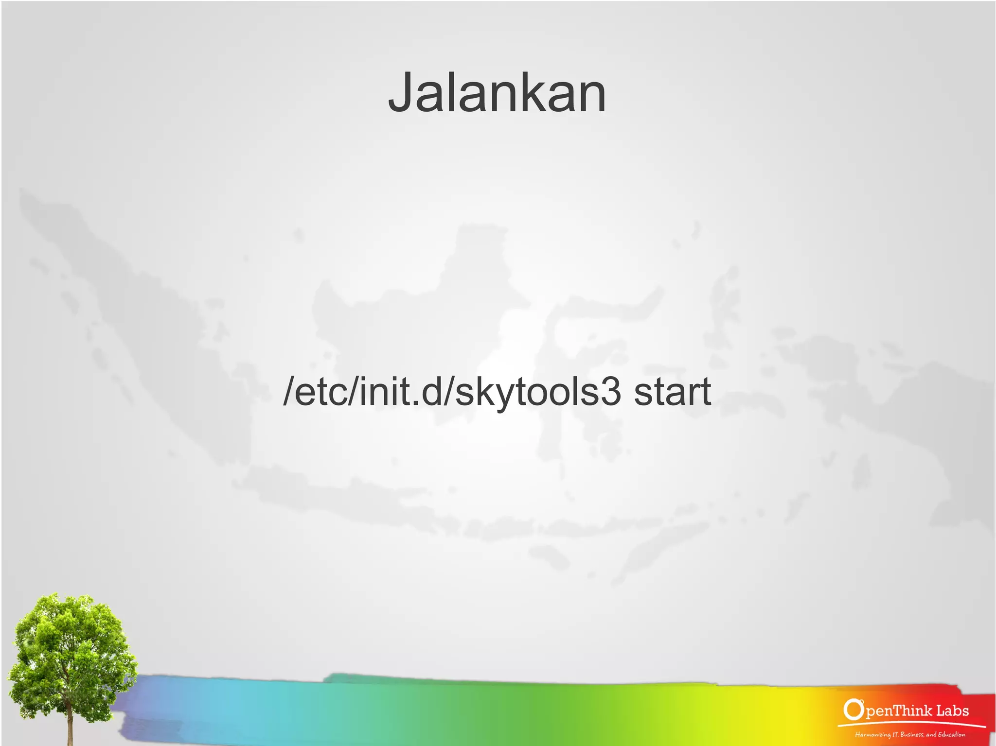 Membuat Konfigurasi Londiste untuk Provider Konfigurasi ini Digunakan di Provider /home/skytools/conf/db_portal.ini [londiste3] job_name = db_portal_sempur_replicate db = dbname=db_portal_sempur user=skytools port=5432 queue_name = masterdata_replicate logfile = /var/lib/pgsql/data/pg_log/skytools/%(job_name)s.log pidfile = /var/lib/pgsql/data/pg_log/skytools/%(job_name)s.pid Buat root node londiste : londiste3 conf/db_portal.ini create-root node1 dbname=db_portal_sempur 