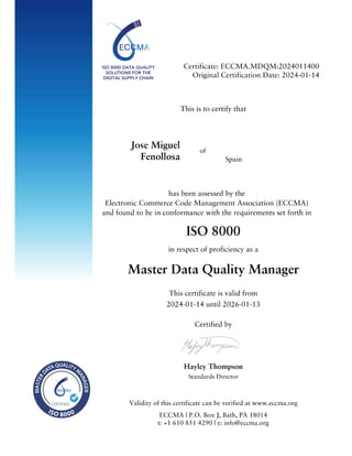 ECCMA Master Data Quality Manager certificate