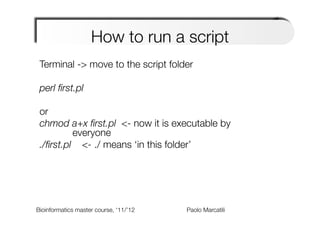 How to run a script
 Terminal -> move to the script folder
 
 perl ﬁrst.pl 
 
 or
 chmod a+x ﬁrst.pl <- now it is executable by                              
   
   
    
     everyone
 ./ﬁrst.pl <- ./ means ‘in this folder’
 
 
      

Bioinformatics master course, ‘11/’12   
   
   
   
Paolo Marcatili   
 