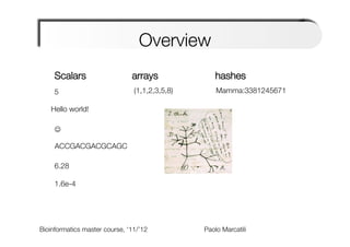 Overview
     Scalars       
    
    
 arrays       
    
   
   hashes
     5
                         (1,1,2,3,5,8)
            Mamma:3381245671

   Hello world!

     J

     ACCGACGACGCAGC

     6.28

     1.6e-4




Bioinformatics master course, ‘11/’12   
    
   
   
Paolo Marcatili   
 