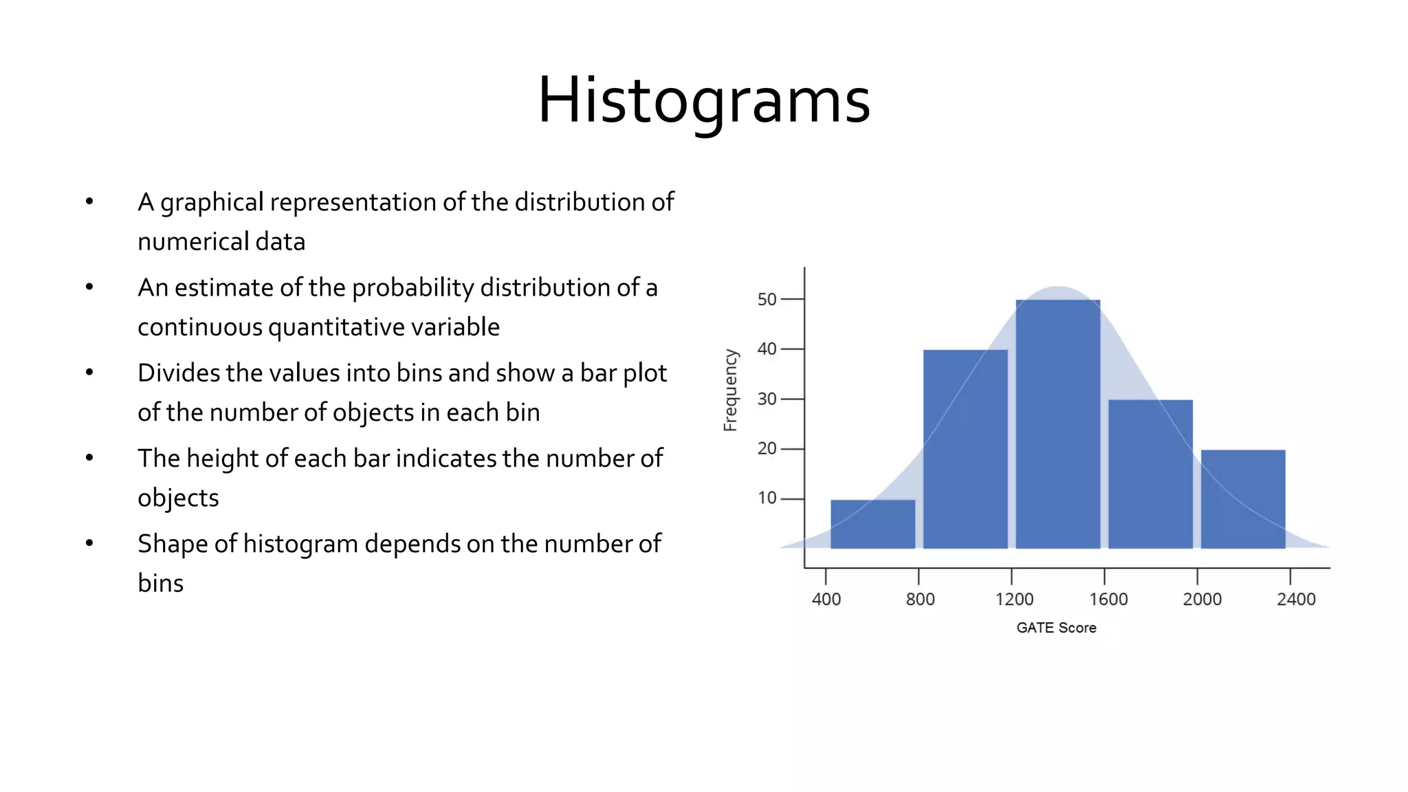 Histograms
• A graphical representation of the distribution of
numerical data
• An estimate of the probability distribution of a
continuous quantitative variable
• Divides the values into bins and show a bar plot
of the number of objects in each bin
• The height of each bar indicates the number of
objects
• Shape of histogram depends on the number of
bins
 