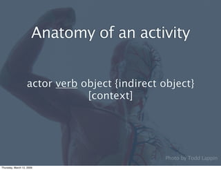 Anatomy of an activity


                   actor verb object {indirect object}
                               [context]

...