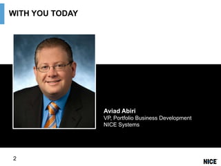 WITH YOU TODAY

Aviad Abiri
VP, Portfolio Business Development
NICE Systems

2

 