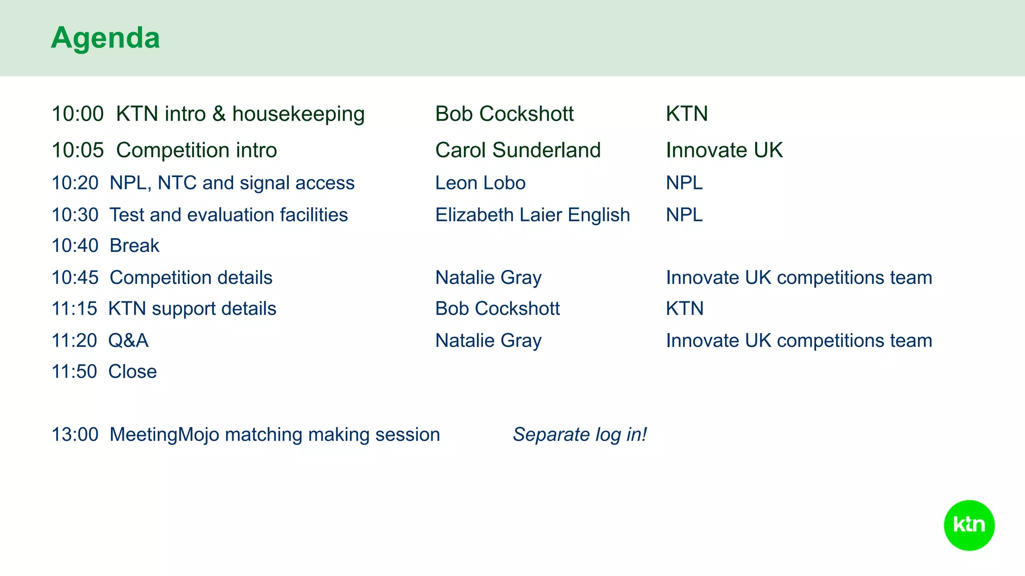 10:00 KTN intro & housekeeping Bob Cockshott KTN
10:05 Competition intro Carol Sunderland Innovate UK
10:20 NPL, NTC and signal access Leon Lobo NPL
10:30 Test and evaluation facilities Elizabeth Laier English NPL
10:40 Break
10:45 Competition details Natalie Gray Innovate UK competitions team
11:15 KTN support details Bob Cockshott KTN
11:20 Q&A Natalie Gray Innovate UK competitions team
11:50 Close
13:00 MeetingMojo matching making session Separate log in!
Agenda
 
