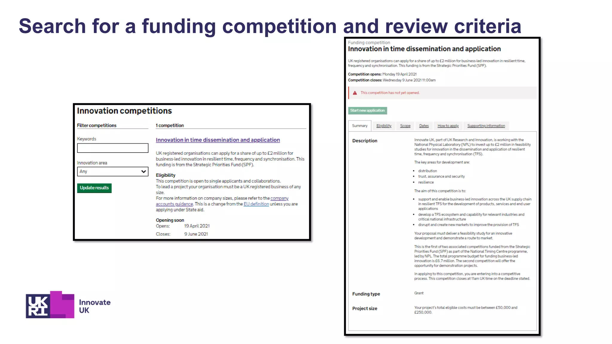 Search for a funding competition and review criteria
 