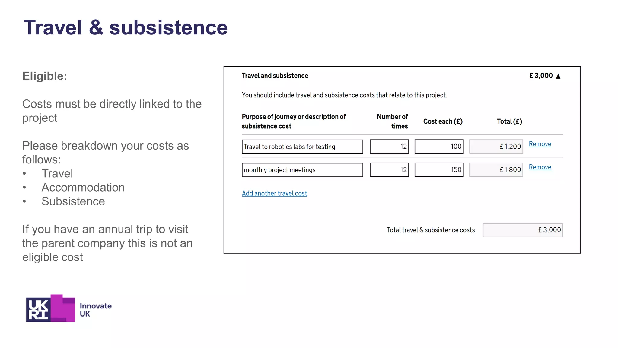 Travel & subsistence
Eligible:
Costs must be directly linked to the
project
Please breakdown your costs as
follows:
• Travel
• Accommodation
• Subsistence
If you have an annual trip to visit
the parent company this is not an
eligible cost
 