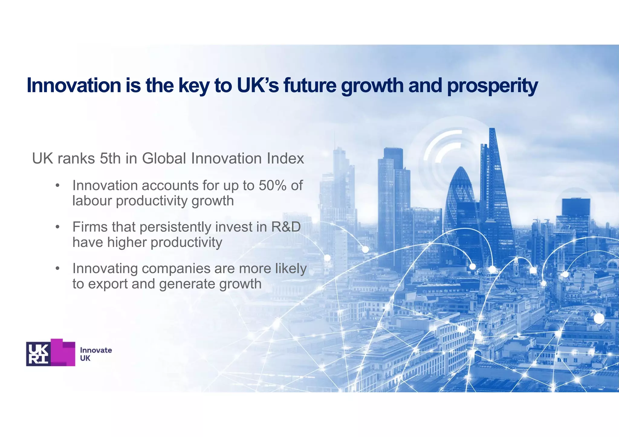 Innovation is the key to UK’s future growth and prosperity
UK ranks 5th in Global Innovation Index
• Innovation accounts for up to 50% of
labour productivity growth
• Firms that persistently invest in R&D
have higher productivity
• Innovating companies are more likely
to export and generate growth
 
