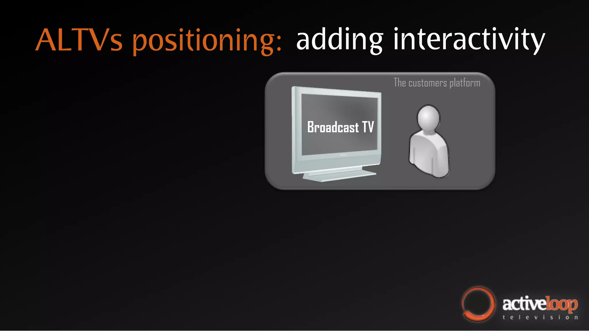 ALTVs positioning: adding interactivity
                                   The customers platform



                    Broadcast TV
 
