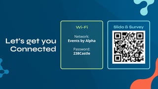 Slido & Survey
Network:
Events by Alpha
Password:
238Castle
Wi-Fi
Let’s get you
Connected
 
