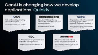 GenAI is changing how we develop
applications. Quickly.
"AI is fundamentally disrupting
software development ...”
-Innovation Endeavors (VC) / Axios, June 2025
“...AI pipelines need dynamic schemas
to [handle] evolving sources.”
-2025 Future Enterprise Resiliency & Spending, IDC
“A business data fabric reduces
latency and powers advanced AI…”
-Venture Beat, Enhancing business agility with rapid
data integration and advanced AI, 2025
"Organizations with rich, [connected]
knowledge graphs will have a
signiﬁcant competitive advantage…”
-Gartner Perception is the New Superpower For the
Future of Analytics and BI, 2025
"[GenAI]…will disrupt the very
software that enabled the last wave
of transformation."
-Harvard Business Review, May 2025
 