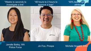Janelle Bailey, WA
Police Force
Jin Foo, Prospa Michele Howard, DXC
“Weeks to seconds to
investigate a link”
“48 hours to 2 hours to
approve a loan”
“40% less employee
attrition”
 