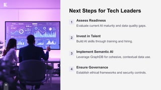 56
ecosystm.io
Next Steps for Tech Leaders
1
Assess Readiness
Evaluate current AI maturity and data quality gaps.
2
Invest in Talent
Build AI skills through training and hiring.
3
Implement Semantic AI
Leverage GraphDB for cohesive, contextual data use.
4
Ensure Governance
Establish ethical frameworks and security controls.
56
ecosystm.io
 