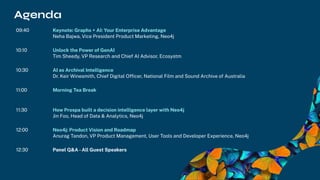 Agenda
09:40 Keynote: Graphs + AI: Your Enterprise Advantage
Neha Bajwa, Vice President Product Marketing, Neo4j
10:10 Unlock the Power of GenAI
Tim Sheedy, VP Research and Chief AI Advisor, Ecosystm
10:30 AI as Archival Intelligence
Dr. Keir Winesmith, Chief Digital Ofﬁcer, National Film and Sound Archive of Australia
11:00 Morning Tea Break
11:30 How Prospa built a decision intelligence layer with Neo4j
Jin Foo, Head of Data & Analytics, Neo4j
12:00 Neo4j: Product Vision and Roadmap
Anurag Tandon, VP Product Management, User Tools and Developer Experience, Neo4j
12:30 Panel Q&A -All Guest Speakers
 