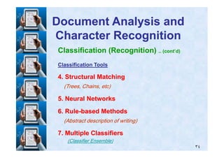 Classification (Recognition) .. (cont’d)
Classification ToolsClassification Tools
44. Structural Matching. Structural Matching
Document Analysis andDocument Analysis and
Character RecognitionCharacter Recognition
٣٤
44. Structural Matching. Structural Matching
(Trees, Chains, etc)(Trees, Chains, etc)
55. Neural Networks. Neural Networks
66. Rule. Rule--based Methodsbased Methods
(Abstract description of writing)(Abstract description of writing)
77. Multiple Classifiers. Multiple Classifiers
(Classifier Ensemble)(Classifier Ensemble)
 