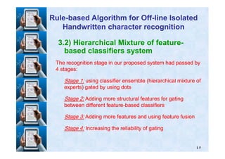 3.2) Hierarchical Mixture of feature-
based classifiers system
The recognition stage in our proposed system had passed byThe recognition stage in our proposed system had passed by
44 stages:stages:
StageStage 11:: using classifier ensemble (hierarchical mixture ofusing classifier ensemble (hierarchical mixture of
RuleRule--based Algorithm for Offbased Algorithm for Off--line Isolatedline Isolated
Handwritten character recognitionHandwritten character recognition
٤٥
StageStage 11:: using classifier ensemble (hierarchical mixture ofusing classifier ensemble (hierarchical mixture of
experts) gated by using dotsexperts) gated by using dots
StageStage 22:: Adding more structural features for gatingAdding more structural features for gating
between different featurebetween different feature--based classifiersbased classifiers
StageStage 33:: Adding more features and using feature fusionAdding more features and using feature fusion
StageStage 44:: Increasing the reliability of gatingIncreasing the reliability of gating
 