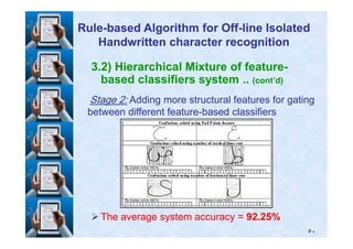 3.2) Hierarchical Mixture of feature-
based classifiers system .. (cont’d)
StageStage 22:: Adding more structural features for gatingAdding more structural features for gating
between different featurebetween different feature--based classifiersbased classifiers
RuleRule--based Algorithm for Offbased Algorithm for Off--line Isolatedline Isolated
Handwritten character recognitionHandwritten character recognition
٥٠
The average system accuracy =The average system accuracy = 9292..2525%%
 