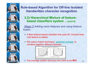 3.2) Hierarchical Mixture of feature-
based classifiers system .. (cont’d)
StageStage 33:: Adding more features and using featureAdding more features and using feature
fusionfusion
RuleRule--based Algorithm for Offbased Algorithm for Off--line Isolatedline Isolated
Handwritten character recognitionHandwritten character recognition
٥٢
A New featureA New feature--based classifier that usesbased classifier that uses 4545°° inclined linesinclined lines
cuts feature is addedcuts feature is added
We used a fusion technique,We used a fusion technique, weighted averageweighted average, to, to
combine together different featurescombine together different features
The average system accuracy has risen to beThe average system accuracy has risen to be 9696%%
 