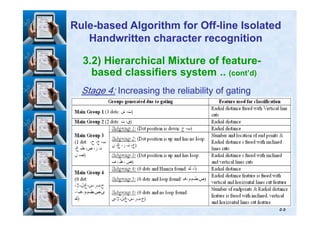 3.2) Hierarchical Mixture of feature-
based classifiers system .. (cont’d)
StageStage 44:: Increasing the reliability of gatingIncreasing the reliability of gating
RuleRule--based Algorithm for Offbased Algorithm for Off--line Isolatedline Isolated
Handwritten character recognitionHandwritten character recognition
٥٥
 