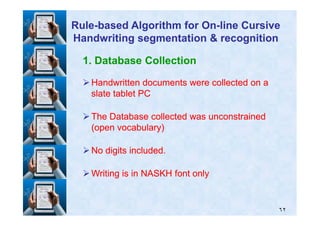 1. Database Collection
Handwritten documents were collected on aHandwritten documents were collected on a
slate tablet PCslate tablet PC
The Database collected was unconstrainedThe Database collected was unconstrained
RuleRule--based Algorithm for Onbased Algorithm for On--line Cursiveline Cursive
Handwriting segmentation & recognitionHandwriting segmentation & recognition
٦٢
The Database collected was unconstrainedThe Database collected was unconstrained
(open vocabulary)(open vocabulary)
No digits included.No digits included.
Writing is in NASKH font onlyWriting is in NASKH font only
 