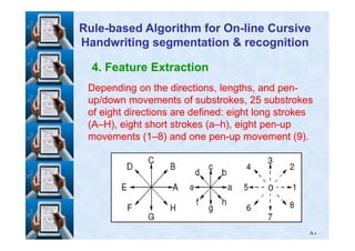 4. Feature Extraction
Depending on the directions, lengths, and penDepending on the directions, lengths, and pen--
up/down movements of substrokes,up/down movements of substrokes, 2525 substrokessubstrokes
of eight directions are defined: eight long strokesof eight directions are defined: eight long strokes
(A(A––H), eight short strokes (aH), eight short strokes (a––h), eight penh), eight pen--upup
RuleRule--based Algorithm for Onbased Algorithm for On--line Cursiveline Cursive
Handwriting segmentation & recognitionHandwriting segmentation & recognition
٨٠
(A(A––H), eight short strokes (aH), eight short strokes (a––h), eight penh), eight pen--upup
movements (movements (11––88) and one pen) and one pen--up movement (up movement (99).).
 