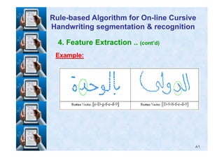4. Feature Extraction .. (cont’d)
Example:Example:
RuleRule--based Algorithm for Onbased Algorithm for On--line Cursiveline Cursive
Handwriting segmentation & recognitionHandwriting segmentation & recognition
٨١
 