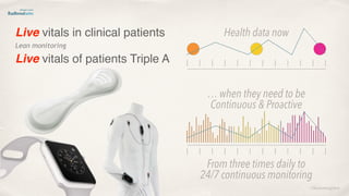 ©lucienengelen
Live vitals in clinical patients
From three times daily to
24/7 continuous monitoring
Lean monitoring
… when they need to be
Continuous & Proactive
Health data now
Live vitals of patients Triple A
 