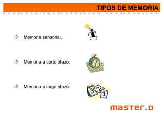 TIPOS DE MEMORIA
 Memoria sensorial.
 Memoria a corto plazo.
 Memoria a largo plazo.
 