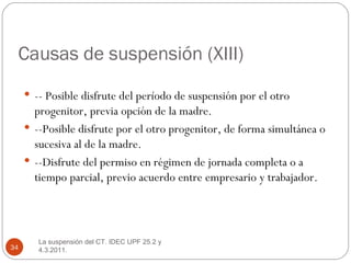 Causas de suspensión (XIII) <ul><li>-- Posible disfrute del período de suspensión por el otro progenitor, previa opción de...