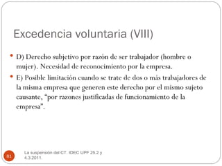 Excedencia voluntaria (VIII) <ul><li>D) Derecho subjetivo por razón de ser trabajador (hombre o mujer). Necesidad de recon...