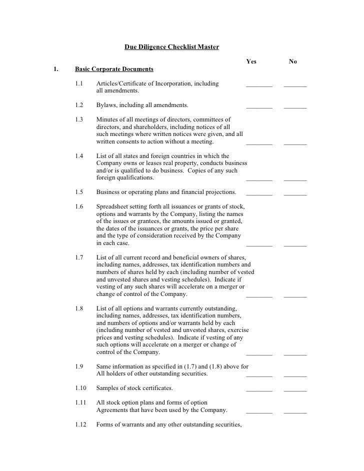 master due diligence checklist due diligence template