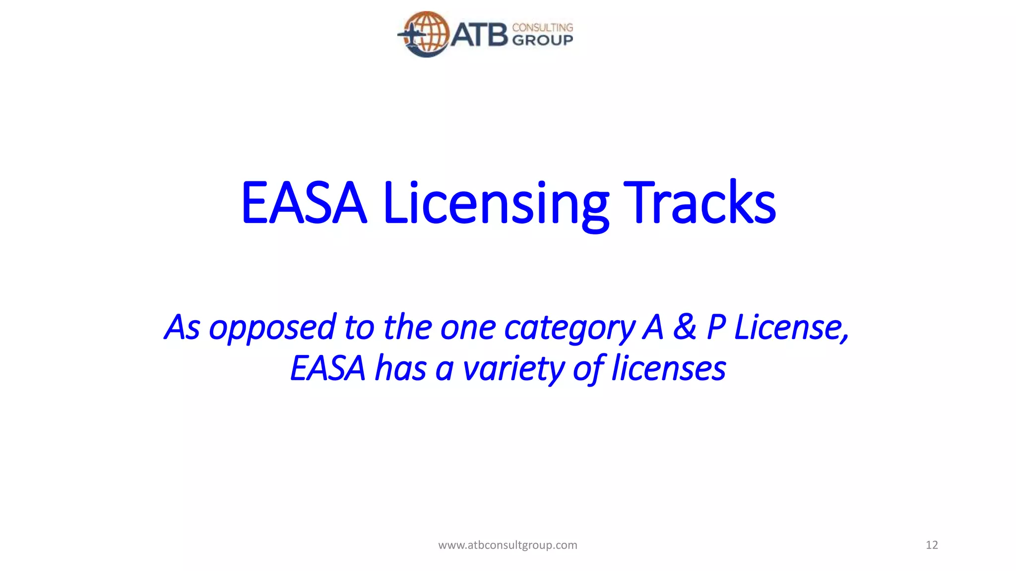 EASA Licensing Tracks
As opposed to the one category A & P License,
EASA has a variety of licenses
12www.atbconsultgroup.com
 