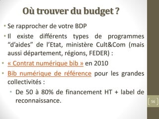 Où trouver du budget ?
• Se rapprocher de votre BDP
• Il existe différents types de programmes
“d’aides” de l’Etat, minist...