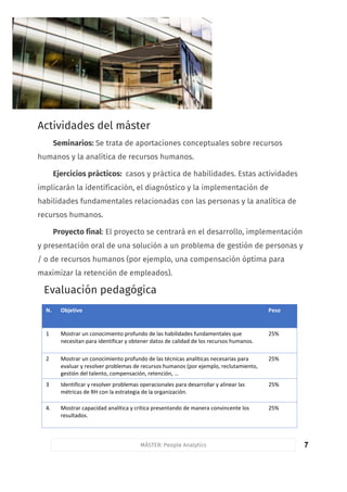 7
Actividades del máster
Seminarios: Se trata de aportaciones conceptuales sobre recursos
humanos y la analítica de recursos humanos.
Ejercicios prácticos: casos y práctica de habilidades. Estas actividades
implicarán la identificación, el diagnóstico y la implementación de
habilidades fundamentales relacionadas con las personas y la analítica de
recursos humanos.
Proyecto final: El proyecto se centrará en el desarrollo, implementación
y presentación oral de una solución a un problema de gestión de personas y
/ o de recursos humanos (por ejemplo, una compensación óptima para
maximizar la retención de empleados).
Evaluación pedagógica
N. Objetivo Peso
1 Mostrar	un	conocimiento	profundo	de	las	habilidades	fundamentales	que	
necesitan	para	identificar	y	obtener	datos	de	calidad	de	los	recursos	humanos.	
25%
2 Mostrar	un	conocimiento	profundo	de	las	técnicas	analíticas	necesarias	para	
evaluar	y	resolver	problemas	de	recursos	humanos	(por	ejemplo,	reclutamiento,	
gestión	del	talento,	compensación,	retención,	…
25%
3 Identificar	y	resolver	problemas	operacionales	para	desarrollar	y	alinear	las	
métricas	de	RH	con	la	estrategia	de	la	organización.
25%
4. Mostrar	capacidad	analítica	y	crítica	presentando	de	manera	convincente	los	
resultados.
25%
MÁSTER: People Analytics
 