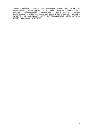 8
TECMED TECNOMA TELECINCO TELEFÓNICA DATA ESPAÑA THALES ESPAÑ THE
PHONE HOUSE THERUS INVEST TOTAL ESPAÑA TRASCOM TRAVEL CLICK
URBASER URÍA&MENÉNDEZ VALVERDESIG VEDIOR SERVICIOS VEOLIA
ENVIRONNEMENT VERTRESA VIDRIO INDUSTRIAL POBEL WAIRBUT WASSER
WEBNET 21 WELLINGTON HOTEL WEST LB ASSET MANAGEMENT WESTIN HOTELS &
RESORT WORLDCOM WORLDSITES
 