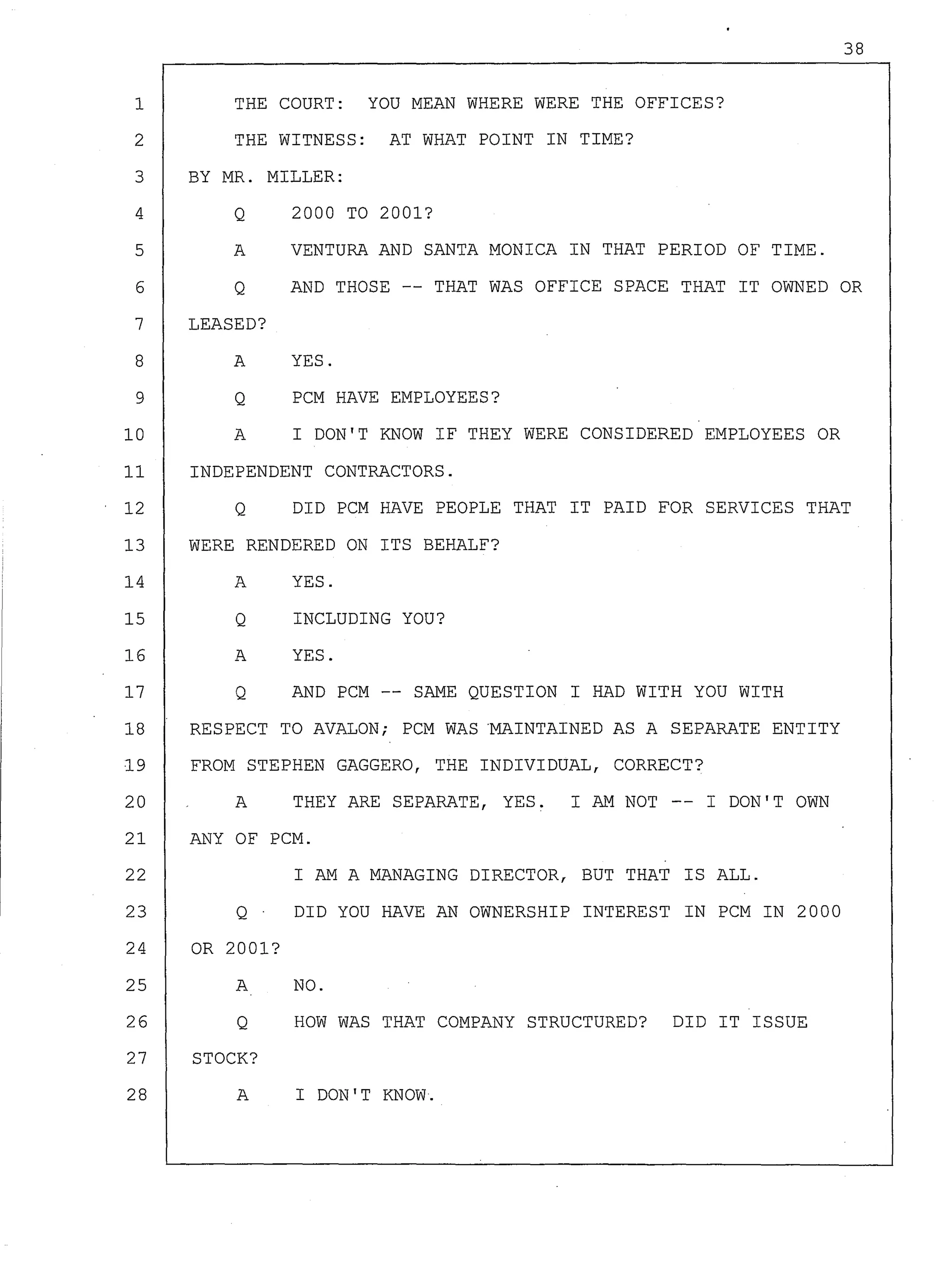 1
2
3
4
5
6
7
8
9
10
THE
THE
BY MR.
Q
A
Q
LEASED?
A
Q
A
COURT: YOU MEAN WHERE WERE THE OFFICES?
WITNESS: AT WHAT POINT IN TIME?
MILLER:
2000 TO 2001?
VENTURA AND SANTA MONICA IN THAT PERIOD OF TIME.
AND THOSE -- THAT WAS OFFICE SPACE THAT IT OWNED
YES.
PCM HAVE EMPLOYEES?
I DON'T KNOW IF THEY WERE CONSIDERED EMPLOYEES OR
11 INDEPENDENT CONTRACTORS.
38
OR
12 Q DID PCM HAVE PEOPLE THAT IT PAID FOR SERVICES THAT
13 WERE RENDERED ON ITS BEHALF?
14
15
16
17
A
Q
A
Q
YES.
INCLUDING YOU?
YES.
AND PCM -- SAME QUESTION I HAD WITH YOU WITH
18 RESPECT TO AVALON; PCM WAS 'MAINTAINED AS A SEPARATE ENTITY
19 FROM STEPHEN GAGGERO, THE INDIVIDUAL, CORRECT?
20 A THEY ARE SEPARATE, YES. I AM NOT -- I DON'T OWN
21 ANY OF PCM.
22 I AM A MANAGING DIRECTOR, BUT THAT IS ALL.
23 Q' DID YOU HAVE AN OWNERSHIP INTEREST IN PCM IN 2000
24 OR 2001?
25
26
A
Q
27 STOCK?
28 A
NO.
HOW WAS THAT COMPANY STRUCTURED? DID IT ISSUE
I DON'T KNOW.
 