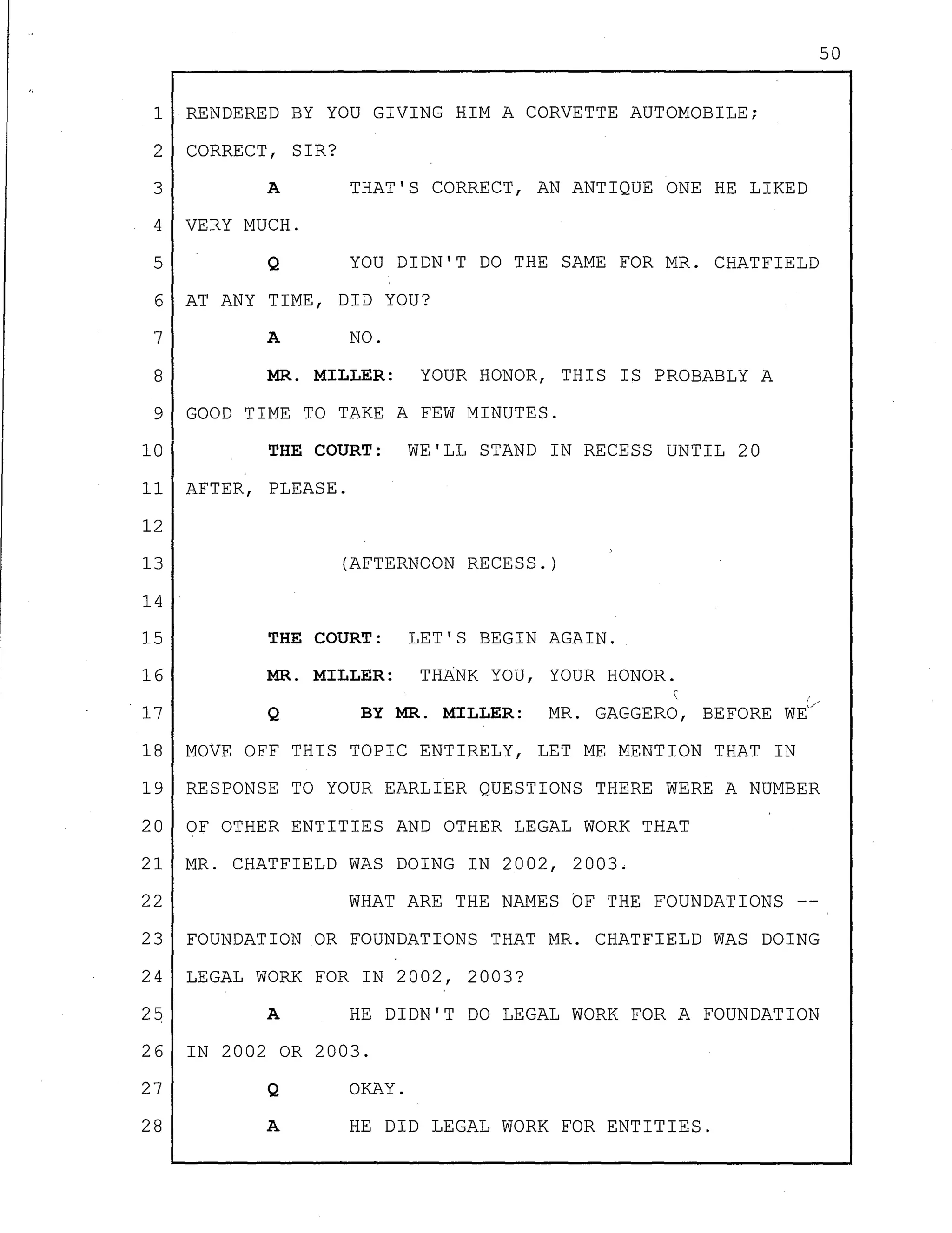 1 RENDERED BY YOU GIVING HIM A CORVETTE AUTOMOBILE;
2 CORRECT, SIR?
3 A THAT'S CORRECT, AN ANTIQUE ONE HE LIKED
4 VERY MUCH.
5 Q YOU DIDN'T DO THE SAME FOR MR. CHATFIELD
6 AT ANY TIME, DID YOU?
7 A NO.
8 MR. MILLER: YOUR HONOR, THIS IS PROBABLY A
9 GOOD TIME TO TAKE A FEW MINUTES.
10 THE COURT: WE'LL STAND IN RECESS UNTIL 20
11 AFTER, PLEASE.
12
13
14
15
16
(AFTERNOON RECESS.)
THE COURT: LET'S BEGIN AGAIN.
MR. MILLER: THANK YOU, YOUR HONOR.
50
Q

BY MR. MILLER: MR. GAGGERO, BEFORE WE(/17
18 MOVE OFF THIS TOPIC ENTIRELY, LET ME MENTION THAT IN
19 RESPONSE TO YOUR EARLIER QUESTIONS THERE WERE A NUMBER
20 OF OTHER ENTITIES AND OTHER LEGAL WORK THAT
21 MR. CHATFIELD WAS DOING IN 2002, 2003.
22 WHAT ARE THE NAMES OF THE FOUNDATIONS --
23 FOUNDATION OR FOUNDATIONS THAT MR. CHATFIELD WAS DOING
24 LEGAL WORK FOR IN 2002, 2003?
25 A HE DIDN'T DO LEGAL WORK FOR A FOUNDATION
26 IN 2002 OR 2003.
27 Q OKAY.
28 A HE DID LEGAL WORK FOR ENTITIES.
 