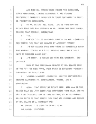309
1 AND THEN MR. PRASKE WOULD CHANGE THE OWNERSHIP,
2 STOCK MEMBERSHIP, LIMITED PARTNERSHIP, AND GENERAL
3 PARTNERSHIP OWNERSHIP INTERESTS IN THOSE COMPANIES TO TRUST
4 OR FOUNDATION OWNERSHIPS.
5 Q BY MR. BEZEK: ALL RIGHT. AND IS THAT HOW THE
6 ESTATE PLAN THAT WAS DESIGNED BY MR. PRASKE WAS THEN FUNDED,
7 THROUGH THAT PROCESS, ULTIMATELY?
8 A YES.
9 Q CAN YOU TELL US GENERALLY WHAT IS -~ WHAT COMPRISES
10 THE ESTATE PLAN THAT WAS CREATED BY ATTORNEY PRASKE?
11 A I'M NOT EXACTLY SURE WHAT THERE IS COMPLETELY RIGHT
12 NOW WITHOUT LOOKING AT A LIST, BECAUSE THERE WAS A LOT I
13 HAVE TO REMEMBER ABOUT THAT.
14 Q I'M SORRY. I MISLED YOU WITH THE QUESTION. BAD
15 QUESTION.
16 WHEN IT WAS ORIGINALLY CREATED BY MR. PRASKE BACK
17 IN THE '97-'98 TIME FRAME, WHAT TYPES OF RECEIVING VEHICLES
18 COMPRISED THE ESTATE PLAN?
19 A LIMITED LIABILITY COMPANIES, LIMITED PARTNERSHIPS,
20 GENERAL PARTNERSHIPS, CORPORATIONS, TRUSTS, AND A
21 FOUNDATION.
22 Q OKAY. THAT RESULTING ESTATE PLAN, WITH ALL OF THE
23 THINGS THAT YOU JUST IDENTIFIED COMPRISING THAT PLAN, CAN WE
24 PUT A DEFINITIONAL TERM ON THAT SO THAT, AS WE GO FORWARD,
25 WE CAN REFER TO THAT ESTATE PLAN THAT WAS CREATED AND FUNDED
26 BY MR. PRASKE IN A SHORTHAND WAY?
27 MR. ROSEN: I'M GOING TO OBJECT TO --
28 THE COURT: SUSTAINED.
 