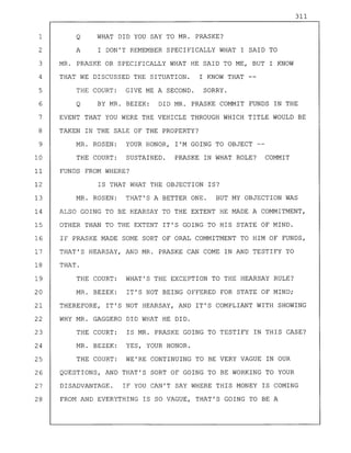 311
1 Q WHAT DID YOU SAY TO MR. PRASKE?
2 A I DON'T REMEMBER SPECIFICALLY WHAT I SAID TO
3 MR. PRASKE OR SPECIFICALLY WHAT HE SAID TO ME, BUT I KNOW
4 THAT WE DISCUSSED THE SITUATION. I KNOW THAT
5 THE COURT: GIVE ME A SECOND. SORRY.
6 Q BY MR. BEZEK: DID MR. PRASKE COMMIT FUNDS IN THE
7 EVENT THAT YOU WERE THE VEHICLE THROUGH WHICH TITLE WOULD BE
8 TAKEN IN THE SALE OF THE PROPERTY?
9 MR. ROSEN: YOUR HONOR, I'M GOING TO OBJECT --
10 THE COURT: SUSTAINED. PRASKE IN WHAT ROLE? COMMIT
11 FUNDS FROM WHERE?
12 IS THAT WHAT THE OBJECTION IS?
13 MR. ROSEN: THAT'S A BETTER ONE. BUT MY OBJECTION WAS
14 ALSO GOING TO BE HEARSAY TO THE EXTENT HE MADE A COMMITMENT,
15 OTHER THAN TO THE EXTENT IT'S GOING TO HIS STATE OF MIND.
16 IF PRASKE MADE SOME SORT OF ORAL COMMITMENT TO HIM OF FUNDS,
17 THAT'S HEARSAY, AND MR. PRASKE CAN COME IN AND TESTIFY TO
18 THAT.
19 THE COURT: WHAT'S THE EXCEPTION TO THE HEARSAY RULE?
20 MR. BEZEK: IT'S NOT BEING OFFERED FOR STATE OF MIND;
21 THEREFORE, IT'S NOT HEARSAY, AND IT'S COMPLIANT WITH SHOWING
22 WHY MR. GAGGERO DID WHAT HE DID.
23 THE COURT: IS MR. PRASKE GOING TO TESTIFY IN THIS CASE?
24 MR. BEZEK: YES, YOUR HONOR.
25 THE COURT: WE'RE CONTINUING TO BE VERY VAGUE IN OUR
26 QUESTIONS, AND THAT'S SORT OF GOING TO BE WORKING TO YOUR
27 DISADVANTAGE. IF YOU CAN'T SAY WHERE THIS MONEY IS COMING
28 FROM AND EVERYTHING IS SO VAGUE, THAT'S GOING TO BE A
 