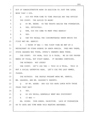 906
1 BIT OF ADMINISTRATIVE WORK IN ADDITION TO JUST THE LEGAL
2 WORK THAT I DID.
3 Q DID YOU FROM TIME TO TIME PROVIDE ANY TAX ADVICE?
4 THE COURT: TAX ADVICE TO WHOM?
5 Q BY MR. BEZEK: TO THE TRUSTS AND/OR THE FOUNDATION.
6 A YES, DEFINITELY.
7 Q NOW, DID YOU COME TO MEET FRED HARRIS?
8 A YES.
9 Q CAN YOU RECALL THE CIRCUMSTANCES UNDER WHICH YOU
10 FIRST MET MR. HARRIS?
11 A I THINK IT WAS THE FIRST TIME WE MET AT A
12 RESTAURANT ON OCEAN AVENUE IN SANTA MONICA. FRED WAS THERE,
13 STEVE GAGGERO WAS THERE, STEVE'S PARENTS WERE THERE.
14 THE COURT: YOU KNOW, THIS IS A TRIAL. WE DO USE PROPER
15 NAMES AT TRIAL, NOT FIRST NAMES. IT BECOMES CONFUSING.
16 THE WITNESS: NOT STEVE?
17 THE COURT: LET'S USE THE -- THIS IS A TRIAL. THIS IS
18 NOT A SOCIAL GATHERING HERE. LET'S USE THE LAST NAMES,
19 PLEASE.
20 THE WITNESS: THE PEOPLE PRESENT WERE MR. HARRIS,
21 MR. GAGGERO, AND MR. GAGGERO'S PARENTS.
22 Q BY MR. BEZEK: AND DID YOU HAVE LUNCH WITH THOSE
23 FOLKS THAT DAY?
24 A YES.
25 Q DO YOU RECALL GENERALLY WHAT WAS DISCUSSED?
26 A IT WAS
27 MR. ROSEN: YOUR HONOR, OBJECTION. LACK OF FOUNDATION
28 AS TO DATE AND TIME WHEN THIS MEETING HAPPENED.
 