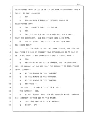 999
1 TRANSFERRED INTO AN LLC OR AN LP AND THEN TRANSFERRED INTO A
2 TRUST; IS THAT CORRECT?
3 A YES.
4 Q AND SO WHEN A PIECE OF PROPERTY WOULD BE
5 TRANSFERRED INTO --
6 A CAN I CORRECT THAT? EXCUSE ME.
7 Q YES.
8 A YES, EXCEPT FOR THE PRINCIPAL RESIDENCE TRUST.
9 THAT WAS DIFFERENT. BUT THE OTHERS WERE LIKE THAT.
10 Q YOU'RE RIGHT. LET'S EXCLUDE THE PRINCIPAL
11 RESIDENCE TRUST.
12 JUST FOCUSING ON THE TWO OTHER TRUSTS, THE PROCESS
13 WAS FIRST A PIECE OF PROPERTY WAS TRANSFERRED TO AN LLC OR
14 AN LP AND THEN IT WAS TRANSFERRED INTO A TRUST, RIGHT?
15 A YES.
16 Q AND USING AN LLC AS AN EXAMPLE, MR. GAGGERO WOULD
17 OWN 100 PERCENT OF THE LLC THAT THE PROPERTY IS TRANSFERRED
18 INTO, CORRECT?
19 A AT THE MOMENT OF THE TRANSFER?
20 Q AT THE MOMENT OF THE TRANSFER.
21 A AT THE MOMENT OF THE TRANSFER.
22 Q AND THEN --
23 THE COURT: IS THAT A "YES" OR A "NO"?
24 THE WITNESS: YES.
25 Q BY MR. ROSEN: AND THEN MR. GAGGERO WOULD TRANSFER
26 HIS INTEREST IN THAT LLC TO THE TRUST?
27 A THAT WAS PART OF A TOTAL PACKAGE.
28 Q RIGHT. I'M--
 