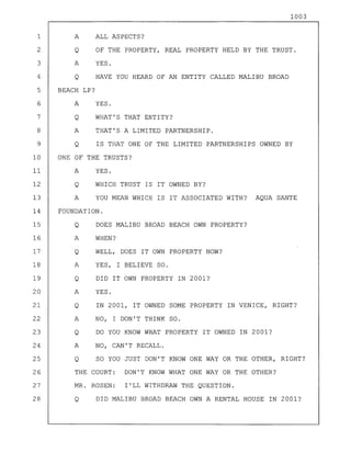 1003
1 A ALL ASPECTS?
2 Q OF THE PROPERTY, REAL PROPERTY HELD BY THE TRUST.
3 A YES.
4 Q HAVE YOU HEARD OF AN ENTITY CALLED MALIBU BROAD
5 BEACH LP?
6 A YES.
7 Q WHAT'S THAT ENTITY?
8 A THAT'S A LIMITED PARTNERSHIP.
9 Q IS THAT ONE OF THE LIMITED PARTNERSHIPS OWNED BY
10 ONE OF THE TRUSTS?
11 A YES.
12 Q WHICH TRUST IS IT OWNED BY?
13 A YOU MEAN WHICH IS IT ASSOCIATED WITH? AQUA SANTE
14 FOUNDATION.
15 Q DOES MALIBU BROAD BEACH OWN PROPERTY?
16 A WHEN?
17 Q WELL, DOES IT OWN PROPERTY NOW?
18 A YES, I BELIEVE SO.
19 Q DID IT OWN PROPERTY IN 2001?
20 A YES.
21 Q IN 2001, IT OWNED SOME PROPERTY IN VENICE, RIGHT?
22 A NO, I DON'T THINK SO.
23 Q DO YOU KNOW WHAT PROPERTY IT OWNED IN 2001?
24 A NO, CAN'T RECALL.
25 Q SO YOU JUST DON'T KNOW ONE WAY OR THE OTHER, RIGHT?
26 THE COURT: DON'T KNOW WHAT ONE WAY OR THE OTHER?
27 MR. ROSEN: I'LL WITHDRAW THE QUESTION.
28 Q DID MALIBU BROAD BEACH OWN A RENTAL HOUSE IN 2001?
 
