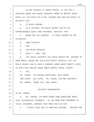 1005
1 AS THE TRUSTEE OF THESE TRUSTS, IF YOU HAD A
2 QUESTION ABOUT THE RENTAL PROPERTY OWNED BY MALIBU BROAD
3 BEACH LP, YOU WOULD GO TO MR. GAGGERO AND ASK HIM ABOUT IT,
4 WOULDN'T YOU?
5 A IT WOULD DEPEND.
6 Q AS A TRUSTEE, YOU WOULD EXPECT HIM TO BE
7 KNOWLEDGEABLE ABOUT THAT PROPERTY, WOULDN'T YOU?
8 A MAYBE NOT ALL ASPECTS. IT WOULD DEPEND ON THE
9 SITUATION.
10 Q SOME ASPECTS?
11 A YES.
12 Q THE MACRO ASPECTS?
13 A ABOUT -- OKAY, YES.
14 Q THE RENTAL PROPERTY YOU WOULD EXPECT MR. GAGGERO TO
15 KNOW ABOUT, MAYBE NOT THE NITTY-GRITTY DETAILS, BUT YOU
16 WOULD EXPECT HIM TO HAVE A GENERAL SENSE ABOUT WHAT'S GOING
17 ON WITH THIS MALIBU BROAD BEACH RENTAL HOUSE, RIGHT?
18 A YES.
19 MR. ROSEN: NO FURTHER QUESTIONS, YOUR HONOR.
20 THE COURT: ALL RIGHT. MR. BEZEK, YOU MAY REDIRECT.
21 MR. BEZEK: THANK YOU, YOUR HONOR.
22
23 REDIRECT EXAMINATION
24 BY MR. BEZEK:
25 Q MR. PRASKE, YOU WERE ASKED SOME QUESTIONS ABOUT
26 SOME OUTSTANDING JUDGMENTS. DO YOU KNOW WHAT HAPPENED TO
27 THOSE JUDGMENTS, WHETHER THEY WERE PAID OR NOT?
28 A I RECALL THAT ONE OF THEM WAS SETTLED. ANOTHER ONE
 