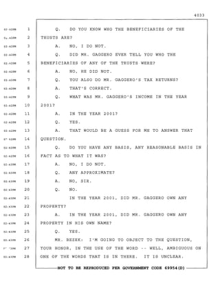 4033
YOUR HONOR, IN THE USE OF THE WORD -- WELL, AMBIGUOUS ON
PROPERTY?
A. IN THE YEAR 2001, DID MR. GAGGERO OWN ANY
PROPERTY IN HIS OWN NAME?
Q. YES.
QUESTION.
Q. DO YOU HAVE ANY BASIS, ANY REASONABLE BASIS IN
FACT AS TO WHAT IT WAS?
A. NO, I DO NOT.
Q. ANY APPROXIMATE?
A. NO, SIR.
Q. NO.
IN THE YEAR 2001, DID MR. GAGGERO OWN ANY
IT IS UNCLEAR.
1 1
M GOING TO OBJECT TO THE QUESTION,
IN THE YEAR 2001?
YES.
THAT WOULD BE A GUESS FOR ME TO ANSWER THAT
MR. BEZEK:
A.
Q.
A.
Q.
2001?
A.
Q.
A.
Q. DO YOU KNOW WHO THE BENEFICIARIES OF THE
TRUSTS ARE?
A. NO, I DO NOT.
Q. DID MR. GAGGERO EVER TELL YOU WHO THE
BENEFICIARIES OF ANY OF THE TRUSTS WERE?
NO, HE DID NOT.
YOU ALSO DO MR. GAGGERO'S TAX RETURNS?
THAT'S CORRECT.
WHAT WAS MR. GAGGERO'S INCOME IN THE YEAR
ONE OF THE WORDS THAT IS IN THERE.
0?,42PM 1
0",,42PM 2
02:42PM 3
02:42PM 4
02:42PM 5
02:42PM 6
02:42PM 7
02:42PM 8
02:42PM 9
02:42PM 10
02:42PM 11
02:42PM 12
02:42PM 13
0""42PM 14
02:42PM 15
02:42PM 16
02:43PM 17
02:43PM 18
02:43PM 19
02:43PM 20
02:43PM 21
02:43PM 22
02:43PM 23
02: 43PM 24
02:43PM 25
02:43PM 26
rr '3PM 27
02:43PM 28
~------N,OT TO BE REPRODUCED PER GOVERNMENT CODE 69954 (D) ------~
 