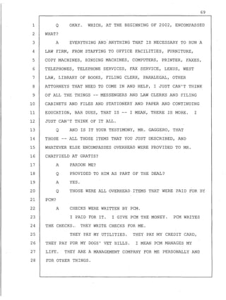 1
2
3
4
5
6
7
8
9
10
Q
WHAT?
A
69
OKAY. WHICH, AT THE BEGINNING OF 2002, ENCOMPASSED
EVERYTHING AND ANYTHING THAT IS NECESSARY TO RUN A
LAW FIRM, FROM STAFFING TO OFFICE FACILITIES, FURNITURE,
COPY MACHINES, BINDING MACHINES, COMPUTERS, PRINTER, FAXES,
TELEPHONES, TELEPHONE SERVICES, FAX SERVICE, LEXUS, WEST
LAW, LIBRARY OF BOOKS, FILING CLERK, PARALEGAL, OTHER
ATTORNEYS THAT NEED TO COME IN AND HELP, I JUST CAN'T THINK
OF ALL THE THINGS -- MESSENGERS AND LAW CLERKS AND FILING
CABINETS AND FILES AND STATIONERY AND PAPER AND CONTINUING
11 EDUCATION, BAR DUES, THAT IS -- I MEAN, THERE IS MORE. I
12
13
14
15
16
17
18
19
20
JUST CAN'T THINK OF IT ALL.
Q
THOSE
AND IS IT YOUR TESTIMONY, MR. GAGGERO, THAT
ALL THOSE ITEMS THAT YOU JUST DESCRIBED, AND
WHATEVER ELSE ENCOMPASSES OVERHEAD WERE PROVIDED TO MR.
CHATFIELD AT GRATIS?
A
Q
A
Q
PARDON ME?
PROVIDED TO HIM AS PART OF THE DEAL?
YES.
THOSE WERE ALL OVERHEAD ITEMS THAT WERE PAID FOR BY
21 PCM?
22
23
A CHECKS WERE WRITTEN BY PCM.
I PAID FOR IT. I GIVE PCM THE MONEY. PCM WRITES
24 THE CHECKS., THEY WRITE CHECKS FOR ME.
25 THEY PAY MY UTILITIES. THEY PAY MY CREDIT CARD,
26 THEY PAY FOR MY DOGS' VET BILLS. I MEAN PCM MANAGES MY
27 LIFE. THEY ARE A MANAGEMENT COMPANY FOR ME PERSONALLY AND
28 FOR OTHER THINGS.
 