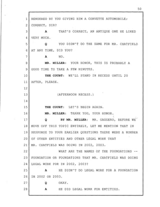 1 RENDERED BY YOU GIVING HIM A CORVETTE AUTOMOBILE;
2 CORRECT, SIR?
3 A THAT'S CORRECT, AN ANTIQUE ONE HE LIKED
4 VERY MUCH.
5 Q YOU DIDN'T DO THE SAME FOR MR. CHATFIELD
6 AT ANY TIME, DID YOU?
7 A NO.
8 MR. MILLER: YOUR HONOR, THIS IS PROBABLY A
9 GOOD TIME TO TAKE A FEW MINUTES.
10 THE COURT: WE'LL STAND IN RECESS UNTIL 20
11 AFTER, PLEASE.
12
13
14
15
16
(AFTERNOON RECESS.)
THE COURT: LET'S BEGIN AGAIN.
MR. MILLER: THANK YOU, YOUR HONOR.
50
Q

BY MR. MILLER: MR. GAGGERO, BEFORE WE(/17
18 MOVE OFF THIS TOPIC ENTIRELY, LET ME MENTION THAT IN
19 RESPONSE TO YOUR EARLIER QUESTIONS THERE WERE A NUMBER
20 OF OTHER ENTITIES AND OTHER LEGAL WORK THAT
21 MR. CHATFIELD WAS DOING IN 2002, 2003.
22 WHAT ARE THE NAMES OF THE FOUNDATIONS --
23 FOUNDATION OR FOUNDATIONS THAT MR. CHATFIELD WAS DOING
24 LEGAL WORK FOR IN 2002, 2003?
25 A HE DIDN'T DO LEGAL WORK FOR A FOUNDATION
26 IN 2002 OR 2003.
27 Q OKAY.
28 A HE DID LEGAL WORK FOR ENTITIES.
 