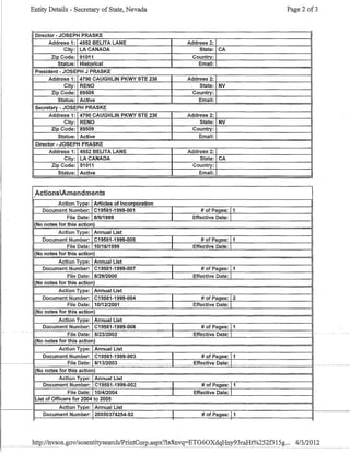 Entity Details - Secretary of State, Nevada Page 2 of3
Director - JOSEPH PRASKE
Address 1: 4552 BELITA LANE Address 2:
City: LA CANADA State: CA
Zip Code: 91011 Country:
Status: Historical Email:
President - JOSEPH J PRASKE
Address 1: 4790 CAUGHLIN PKWY STE 236 Address 2:
City: RENO State: NV
Zip Code: 89509 Country:
Status: Active Email:
Secretary - JOSEPH PRASKE
Address 1: 4790 CAUGHLIN PKWY STE 236 Address 2:
City: RENO State: NV
Zip Code: 89509 Country:
Status: Active Email:
Director - JOSEPH PRASKE
Address 1: 4552 BELITA LANE Address 2:
City: LA CANADA State: CA
Zip Code: 91011 Country:
Status: Active Email:
ActionsAmandmants,
Action Type: Articles of Incorporation
Document Number: C19581-1999-001 I # of Pages: 11
File Date: 81911999 I Effective Date: I
(No notes for this action)
Action Type: Annual List
Document Number: C19581-1999-005 1 # of Pages: 11
File Date: 10/16/1999 I Effective Date: I
No notes for this action)
Action Type: Annual List
Document Number: C19581-1999-007 I # of Pages: 11
File Date: 812912000 I Effective Date: I
No notes for this action)
Action Type: Annual List
Document Number: C19581-1999-004 I # of Pages: I2
File Date: 10112/2001 I Effective Date: I
(No notes for this action)
Action Type: Annual List
Document Number: C19581-1999-006 I # of Pages: 11
-- - - ...
Fife Date:· 8/2372002
--- ----
t . .-
.. Effe-ctiveDate:l· . -
I(No notes for this action)
Action Type: Annual List
Document Number: C19581-1999-003 I # of Pages: 11
~.---~---~-. I-·-----~ Elie-Date~- -811312003-.~. --·_____ ~~_I· __EffectiveDate:_I.-'..____ _~_____ ~ __~___~ __________._
(No notes for this action)
Action Type: Annual List
Document Number: C19581-1999-002 I # of Pages: 11
File Date: 10/4/2004 Effective Date: I
LIst of Officers for 2(j04 to 2005
Action Type: Annual List
Document Number: 20050374254-92 I # of Pages: 11
.
 