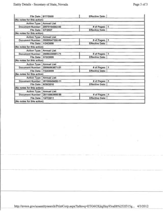 Entity Details - Secretary of State, Nevada Page 3 of3
File Date: 18/17/2005 I Effective Date: I
(No notes for this action)
Action Type: Annual List
Document Number: 20070164442-60 I # of Pages: 11
File Date: 3/7/2007 I Effective Date: I
(No notes for this action)
Action Type: Annual List
Document Number: 20080047350-99 I # of Pages: 11
File Date: 1/2412008 I Effective Date: I
(No notes for this action)
Action Type: Annual List
Document Number: 20090230951-71 I # of Pages: 11
File Date: 311012009 I Effective Date: I
(No notes for this action)
Action Type: Annual List
Document Number: 20090563871-51 I # of Pages: 11
File Date: 712212009 I Effective Date: I
(No notes for this action)
Action Type: Annual List
Document Number: 20100649450-11 I # of Pages: 11
File Date: 8/30/2010 I Effective Date: I
(No notes for this action)
Action Type: Annual List
Document Number: 20110863906-86 I # of Pages: 11
Fiie Date: 1217/2011 I Effective Date: I
(No notes for this action)
 