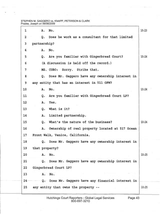 STEPHEN M. GAGGERO vs. KNAPP, PETERSON & CLARK
Praske, Joseph on 06/08/2009
A. No.1
2 Q. Does he work as a consultant for that limited
3 partnership?
4 A. No.
5
6
7
Q. Are you familiar with Gingerbread Court?
(A discussion is held off the record.)
MS. COBO: Sorry. Strike that.
8 Q. Does Mr. Gaggero have any ownership interest in
9 any entity that has an interest in 511 OFW?
10 A. No.
11 Q. Are you familiar with Gingerbread Court LP?
12 A. Yes.
13 Q. What is it?
14 A. Limited partnership.
Q. What's the nature of the business?15
16 A. Ownership of real property located at 517 Ocean
17 Front Walk, Venice, California.
18 Q. Does Mr. Gaggero have any ownership interest in
19 that property?
20
21
A. No.
Q. Does Mr. Gaggero have any ownership interest in
22 Gingerbread Court LP?
23
24---
25
A. No.
Q-. Does Mr. GaggerG ha-ve---any financial interes-t in
any entity that owns the property --
Hutchings Court Reporters - Global Legal Services
800-697-3210
Page 43
10:23
10:24
10:24
10:24
10:25
10:25
 