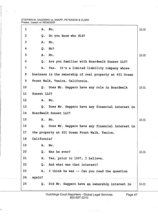 STEPHEN M. GAGGERO vs. KNAPP, PETERSON & CLARK
Praske, Joseph on 06/08/2009
1 A. No.
2 Q. Do you know who did?
3 A. No.
4 Q. No?
5 A. No.
6
7
Q. Are you familiar with Boardwalk Sunset LLC?
A. Yes. It's a limited liability company whose
8 business is the ownership of real property at 601 Ocean
9 Front Walk, Venice, California.
10 Q. Does Mr. Gaggero have any role in Boardwalk
11 Sunset LLC?
12 A. No.
13 Q. Does Mr. Gaggero have any financial interest in
14 Boardwalk Sunset LLC?
A. No.15
16 Q. Does Mr. Gaggero have any financial interest in
17 the property. at 601 Ocean Front Walk, Venice,
18 California?
19
20
A. No.
Q. Has he ever?
21 A. Yes, prior to 1997, I believe.
22 Q. And what was that interest?
23 A. I think he was -- Can you read the question
.. 24 .. again'[
25 Q. Did Mr. Gaggero have an ownership. interest in
Hutchings Court Reporters - Global Legal Services
800-697-3210
Page 47
10:30
10:30
10:31
10:31
10:31
10:31
 